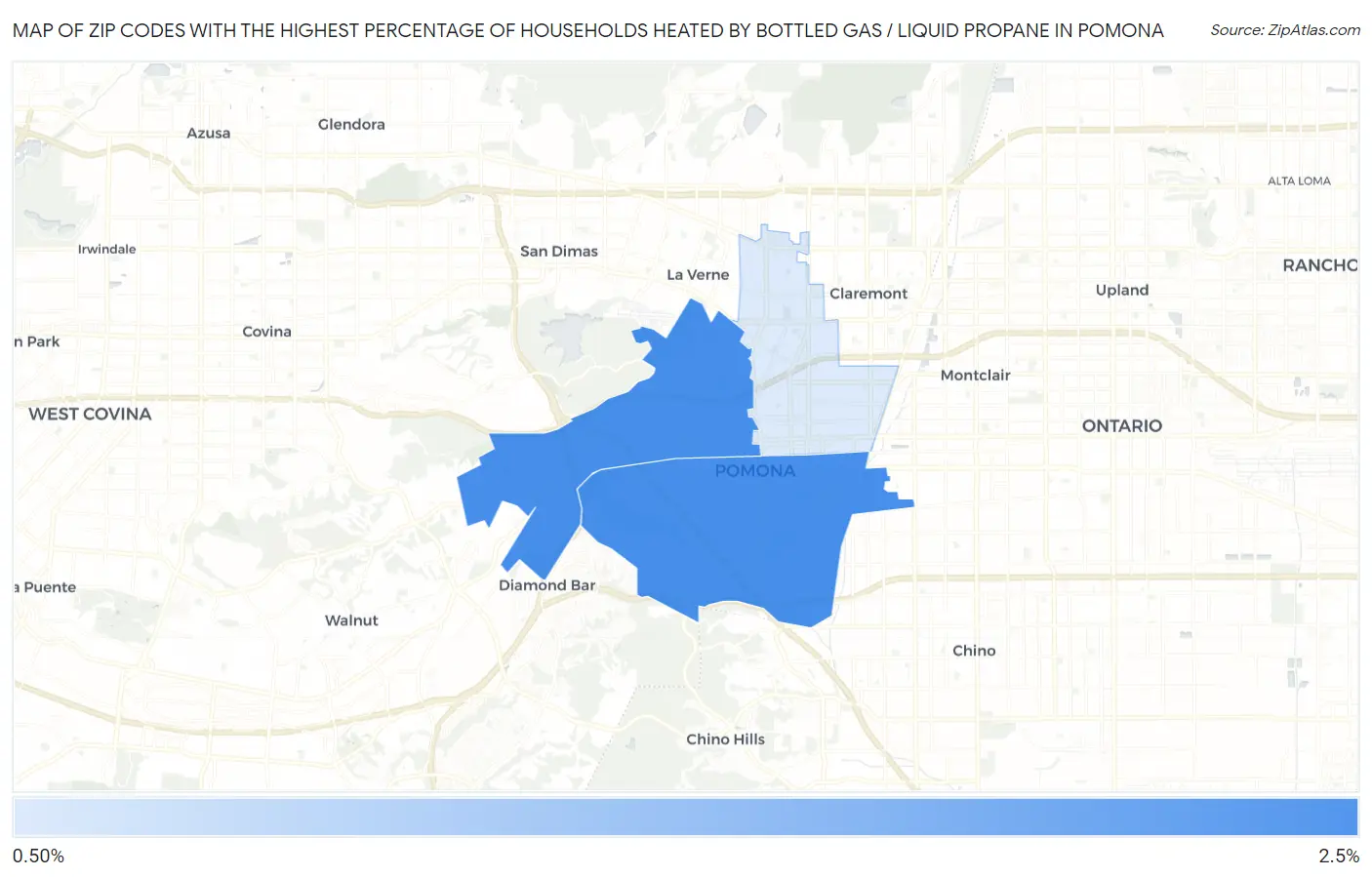 Zip Codes with the Highest Percentage of Households Heated by Bottled Gas / Liquid Propane in Pomona Map