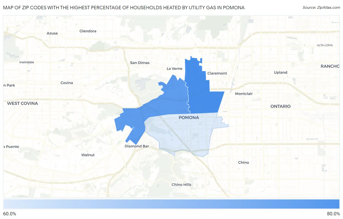Zip Codes with the Highest Percentage of Households Heated by Utility Gas in Pomona Map