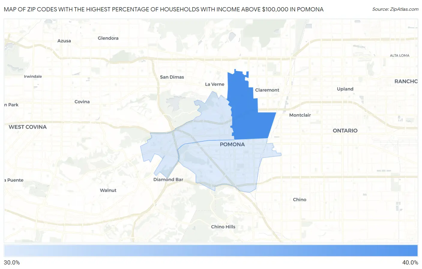Zip Codes with the Highest Percentage of Households with Income Above $100,000 in Pomona Map