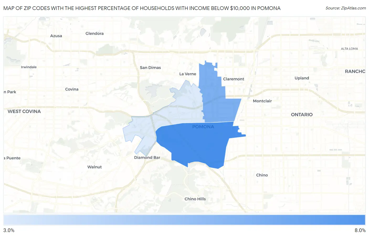Zip Codes with the Highest Percentage of Households with Income Below $10,000 in Pomona Map