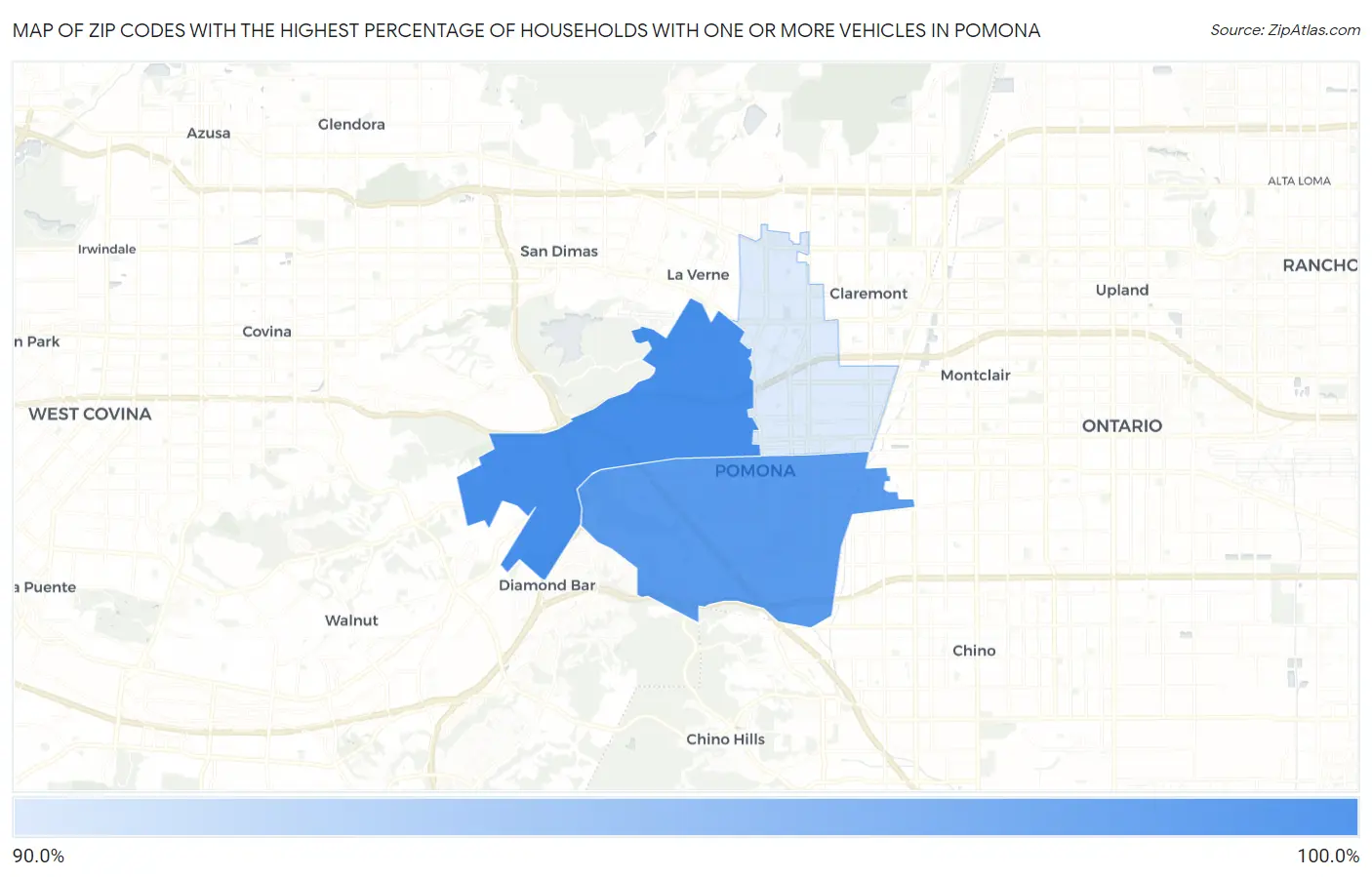 Zip Codes with the Highest Percentage of Households With One or more Vehicles in Pomona Map
