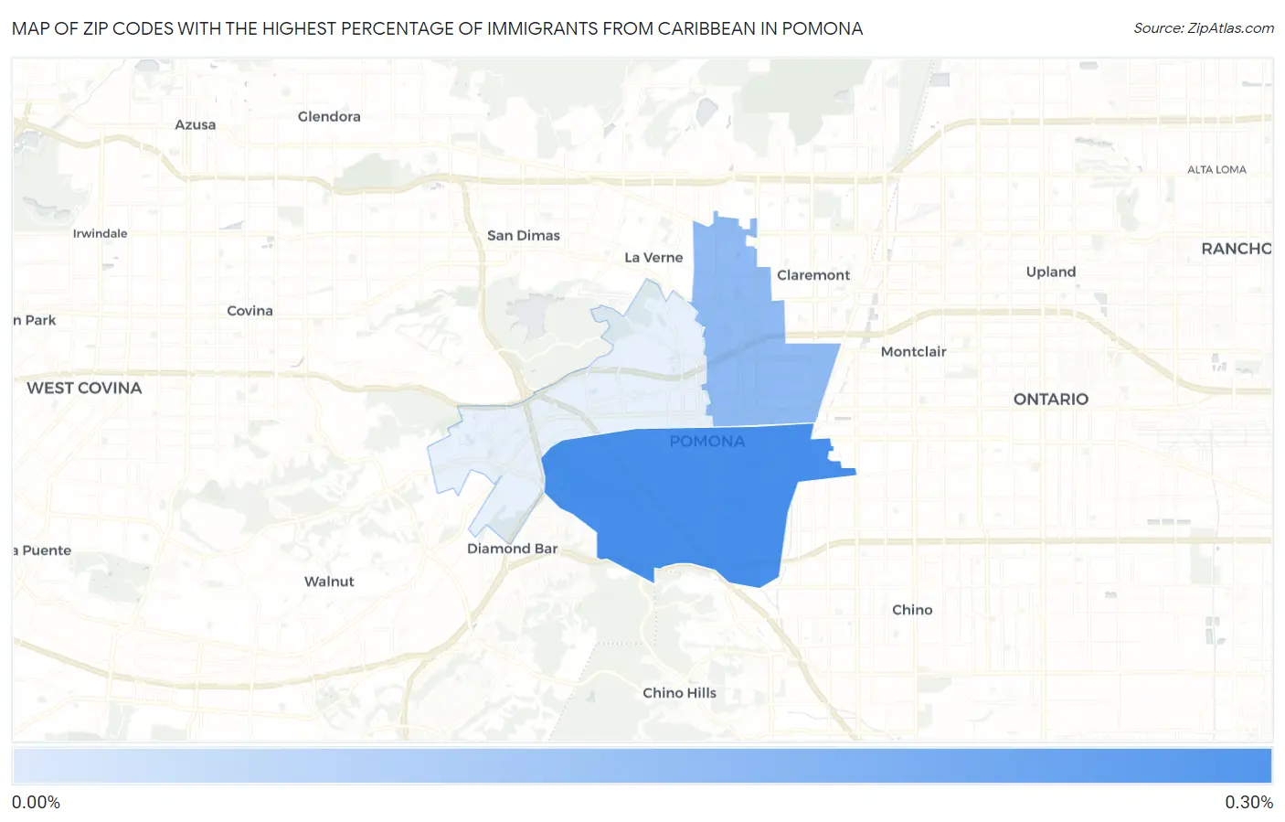 Zip Codes with the Highest Percentage of Immigrants from Caribbean in Pomona Map