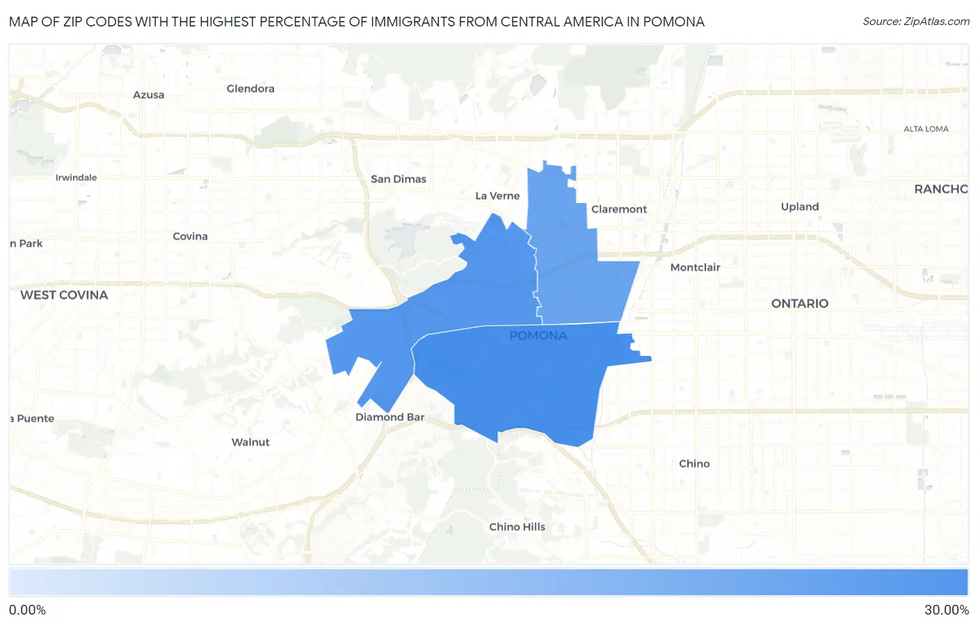 Zip Codes with the Highest Percentage of Immigrants from Central America in Pomona Map