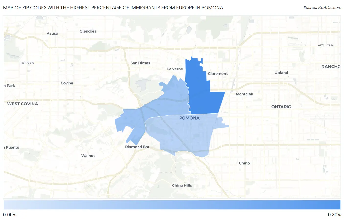 Zip Codes with the Highest Percentage of Immigrants from Europe in Pomona Map