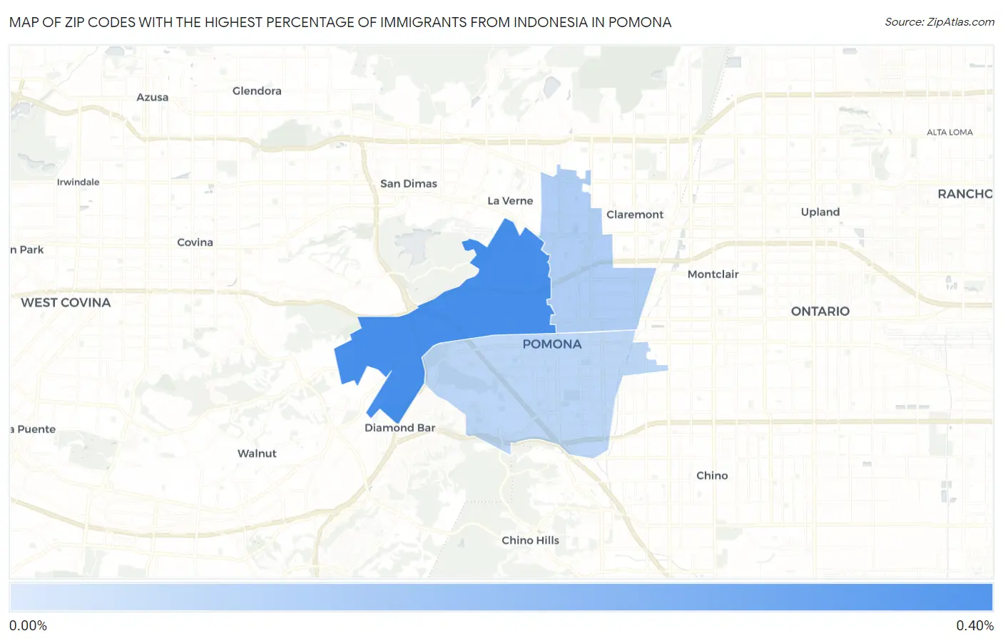 Zip Codes with the Highest Percentage of Immigrants from Indonesia in Pomona Map