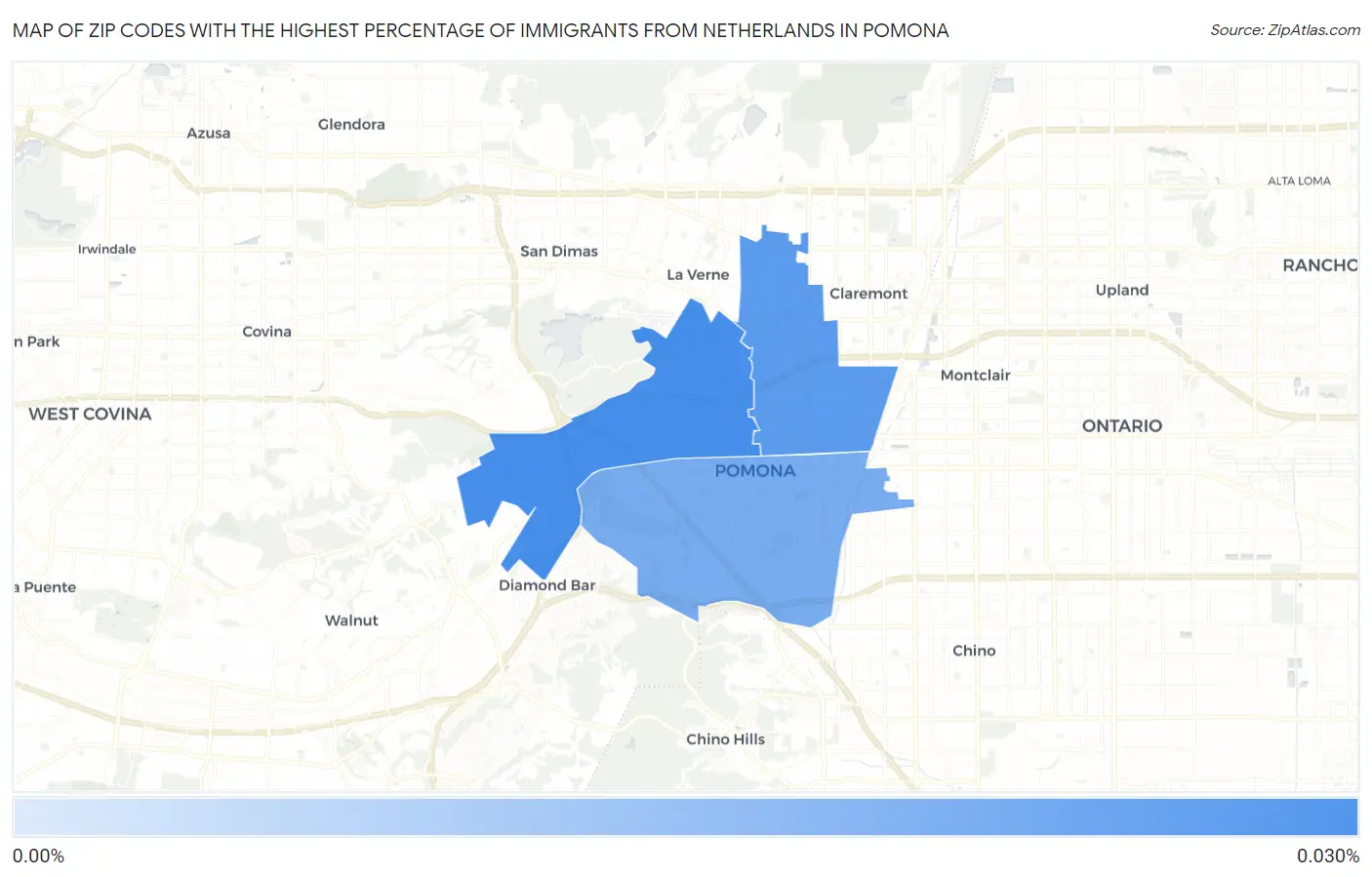 Zip Codes with the Highest Percentage of Immigrants from Netherlands in Pomona Map