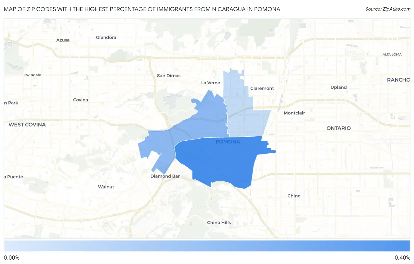 Zip Codes with the Highest Percentage of Immigrants from Nicaragua in Pomona Map