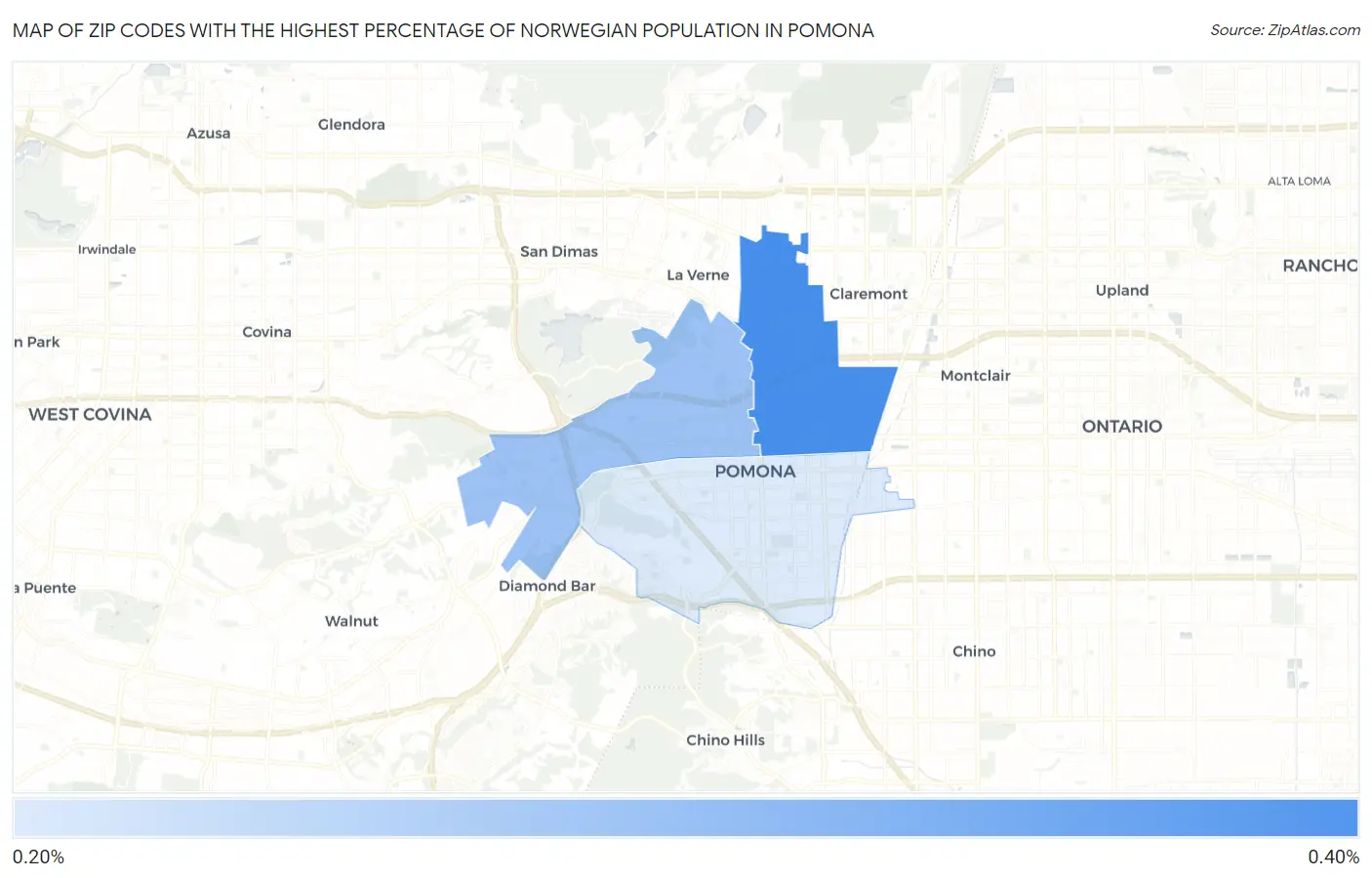 Zip Codes with the Highest Percentage of Norwegian Population in Pomona Map