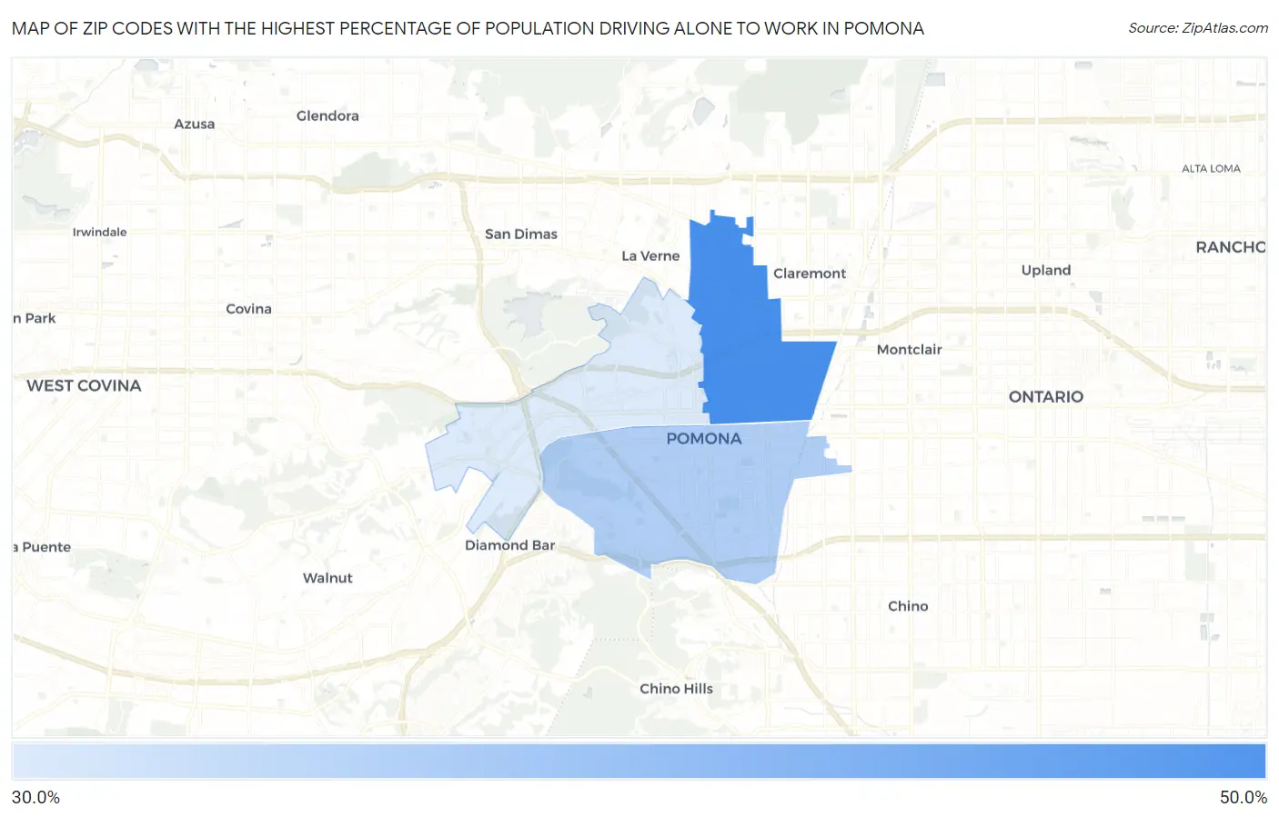 Zip Codes with the Highest Percentage of Population Driving Alone to Work in Pomona Map