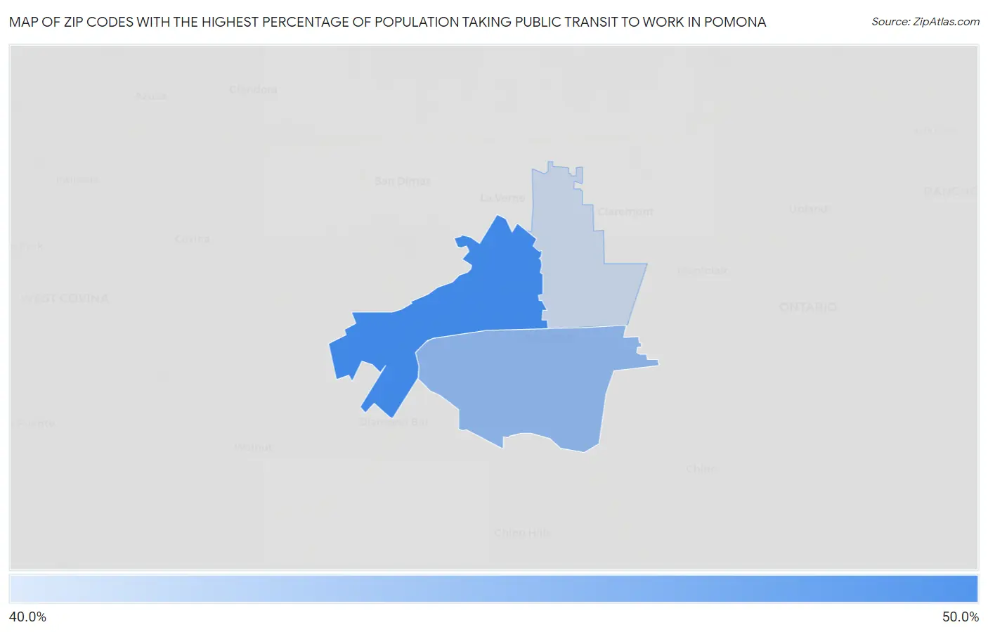 Zip Codes with the Highest Percentage of Population Taking Public Transit to Work in Pomona Map