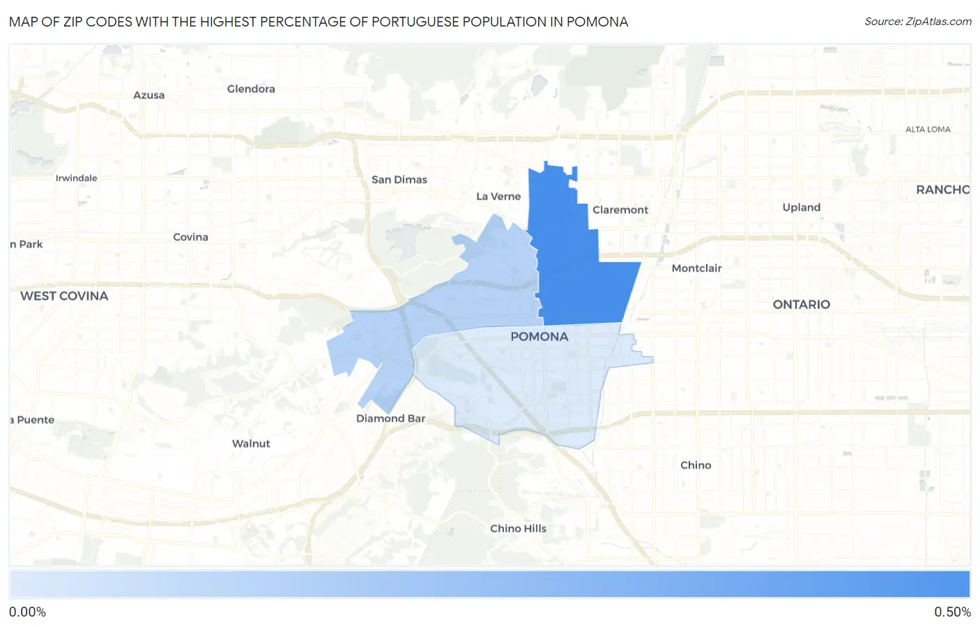 Zip Codes with the Highest Percentage of Portuguese Population in Pomona Map