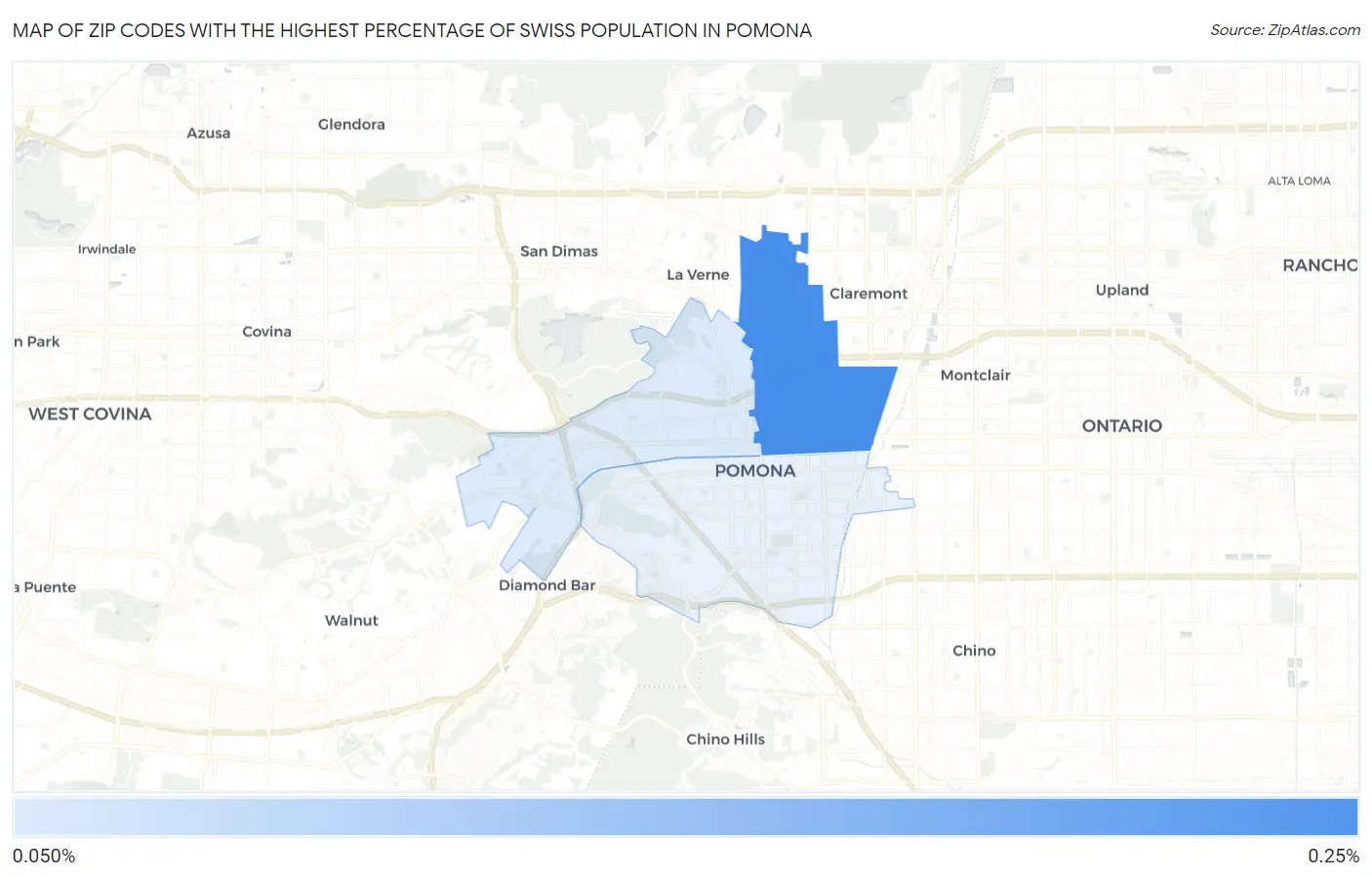 Zip Codes with the Highest Percentage of Swiss Population in Pomona Map