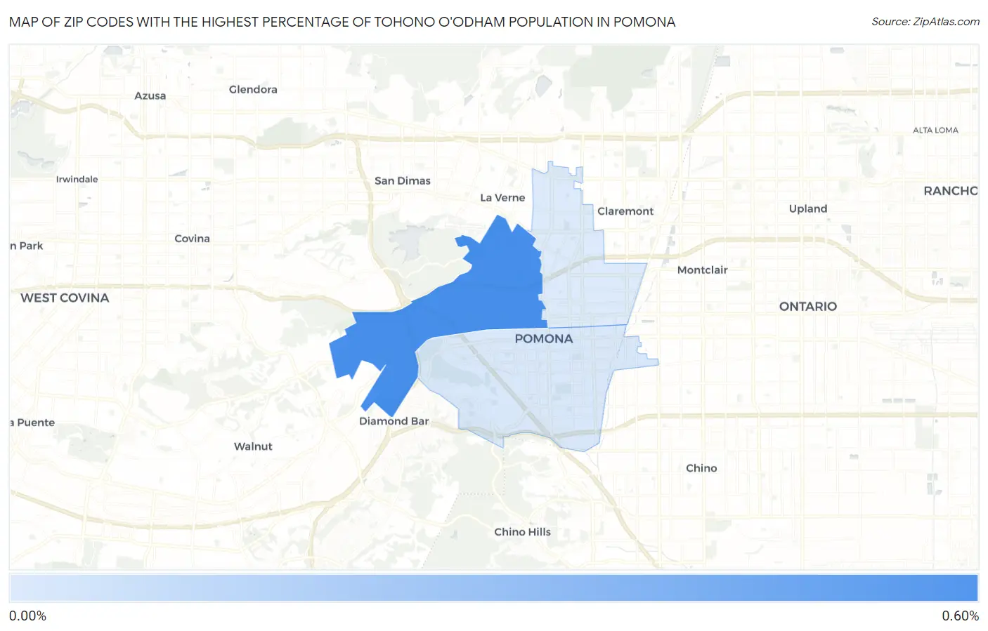 Zip Codes with the Highest Percentage of Tohono O'Odham Population in Pomona Map