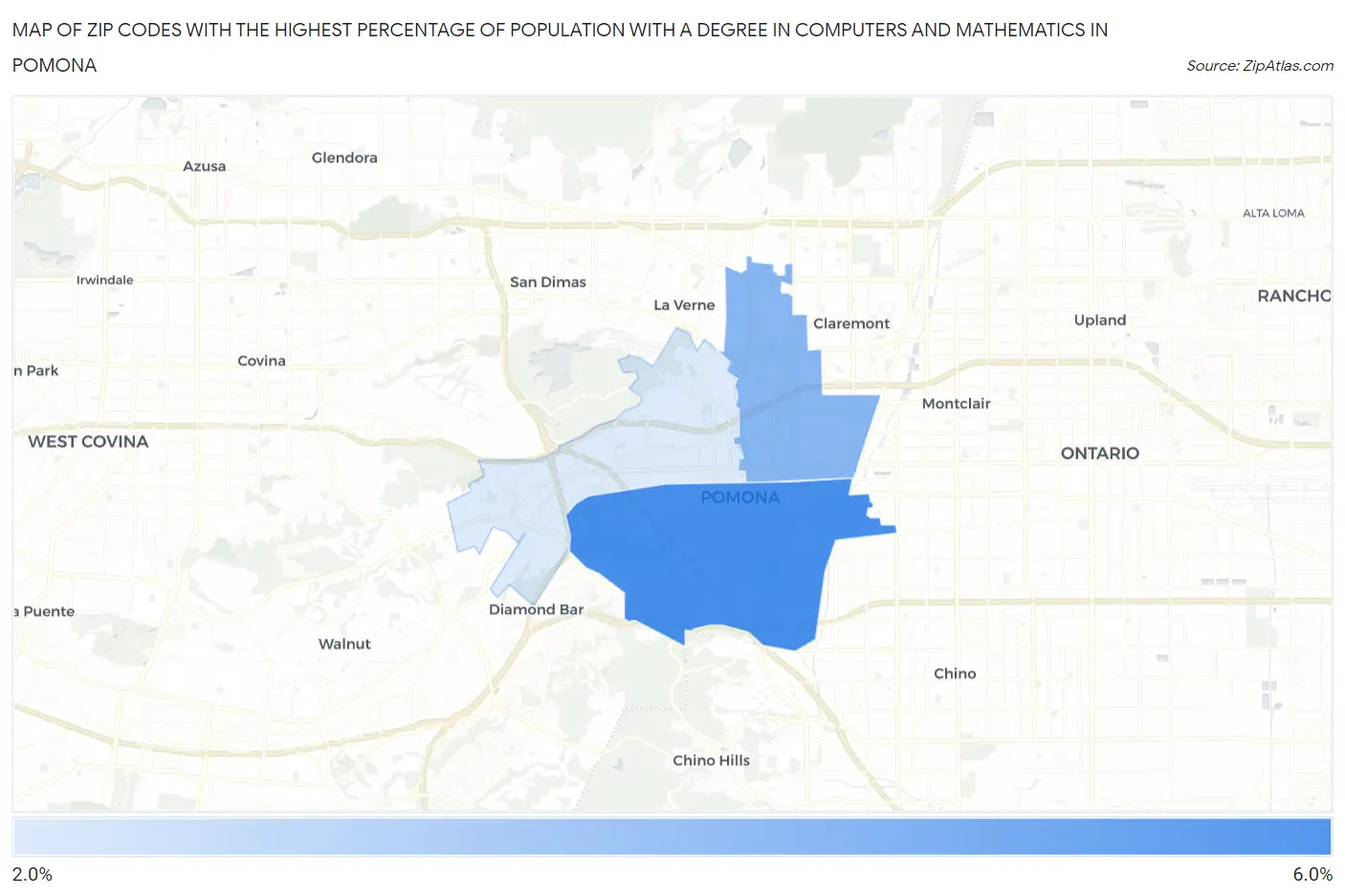 Zip Codes with the Highest Percentage of Population with a Degree in Computers and Mathematics in Pomona Map