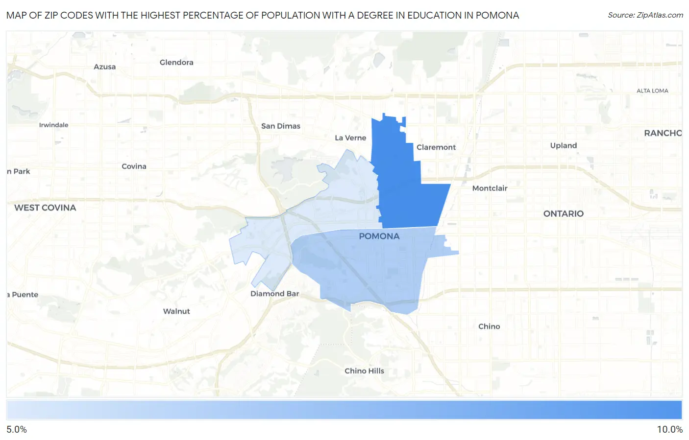 Zip Codes with the Highest Percentage of Population with a Degree in Education in Pomona Map