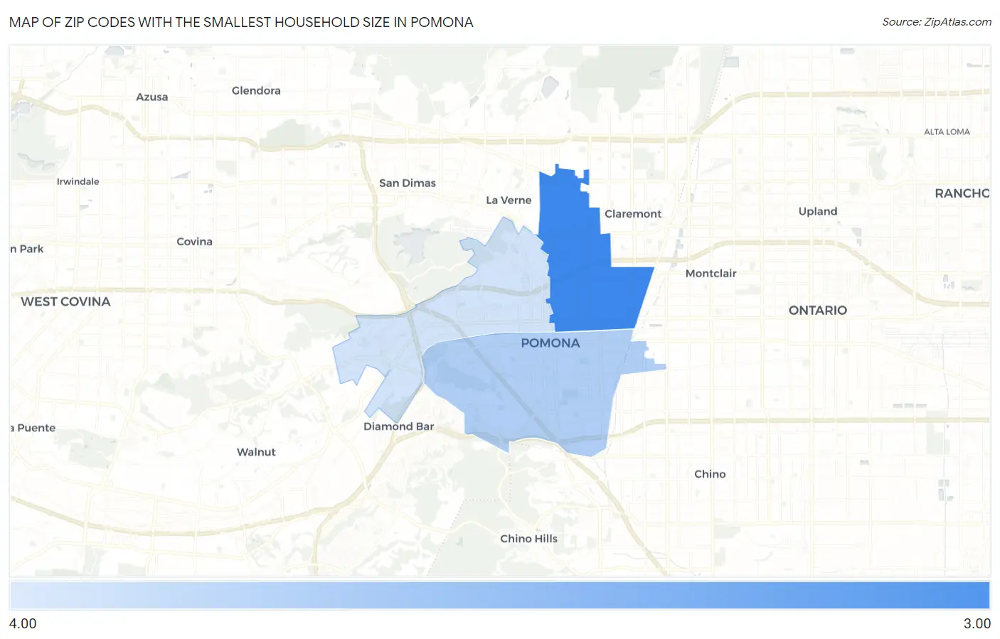 Zip Codes with the Smallest Household Size in Pomona Map