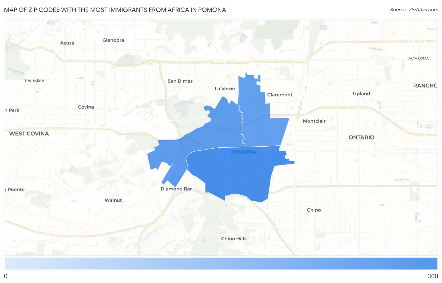 Zip Codes with the Most Immigrants from Africa in Pomona Map