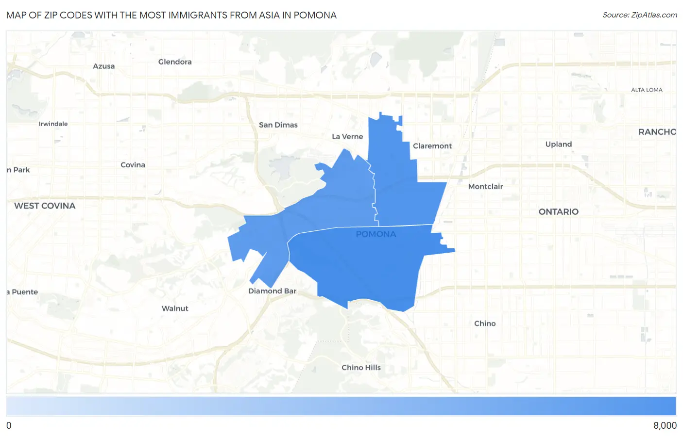 Zip Codes with the Most Immigrants from Asia in Pomona Map