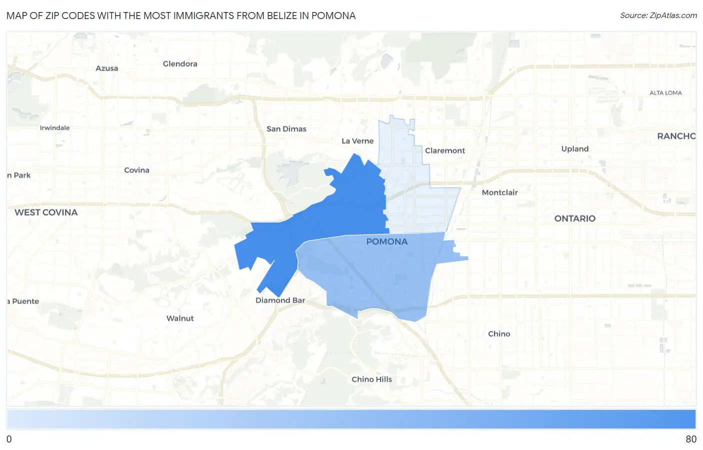 Zip Codes with the Most Immigrants from Belize in Pomona Map