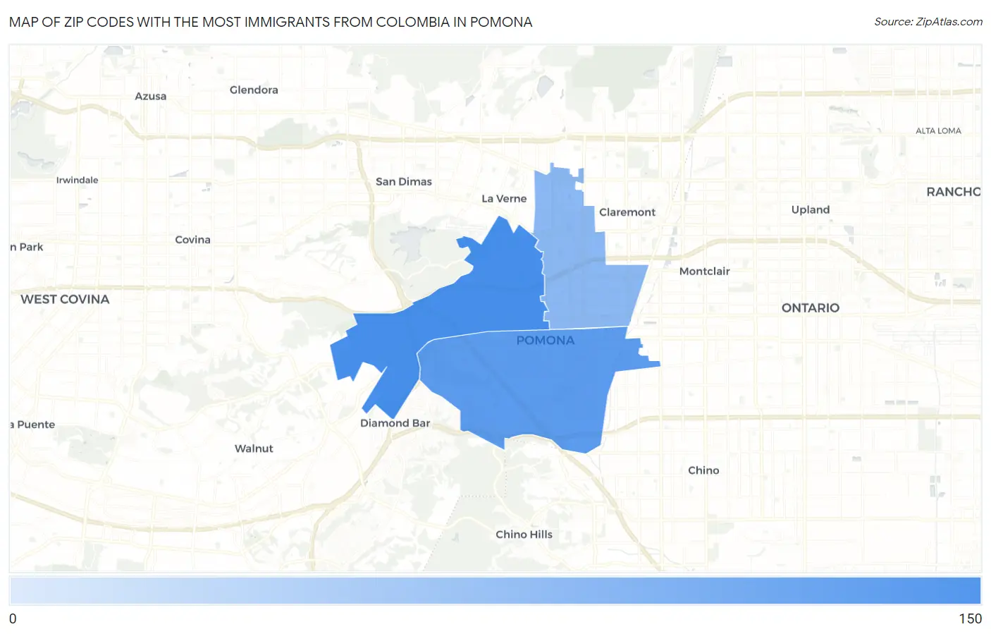 Zip Codes with the Most Immigrants from Colombia in Pomona Map