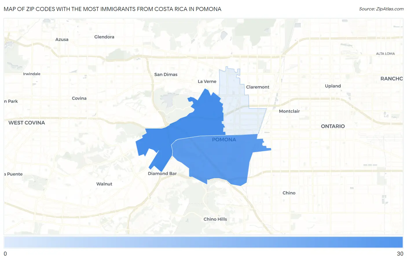 Zip Codes with the Most Immigrants from Costa Rica in Pomona Map