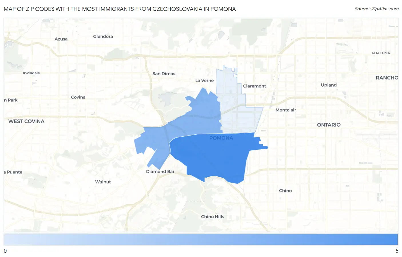 Zip Codes with the Most Immigrants from Czechoslovakia in Pomona Map
