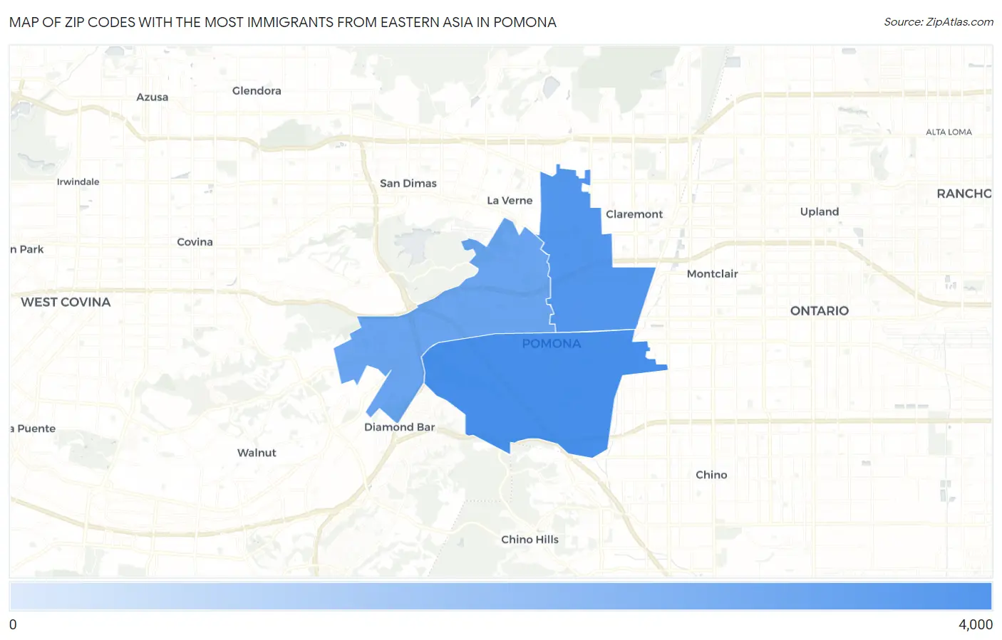 Zip Codes with the Most Immigrants from Eastern Asia in Pomona Map