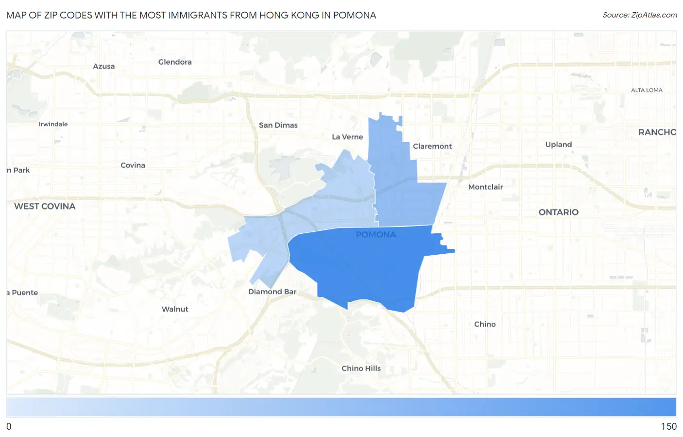 Zip Codes with the Most Immigrants from Hong Kong in Pomona Map