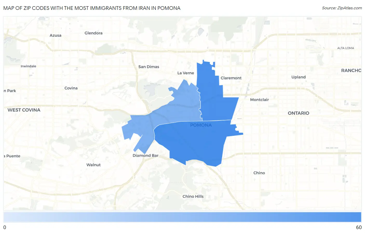 Zip Codes with the Most Immigrants from Iran in Pomona Map