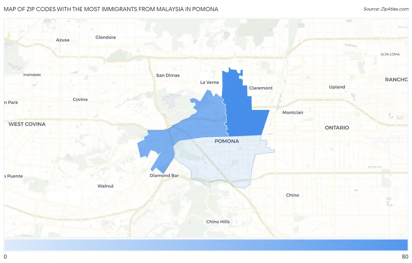 Zip Codes with the Most Immigrants from Malaysia in Pomona Map