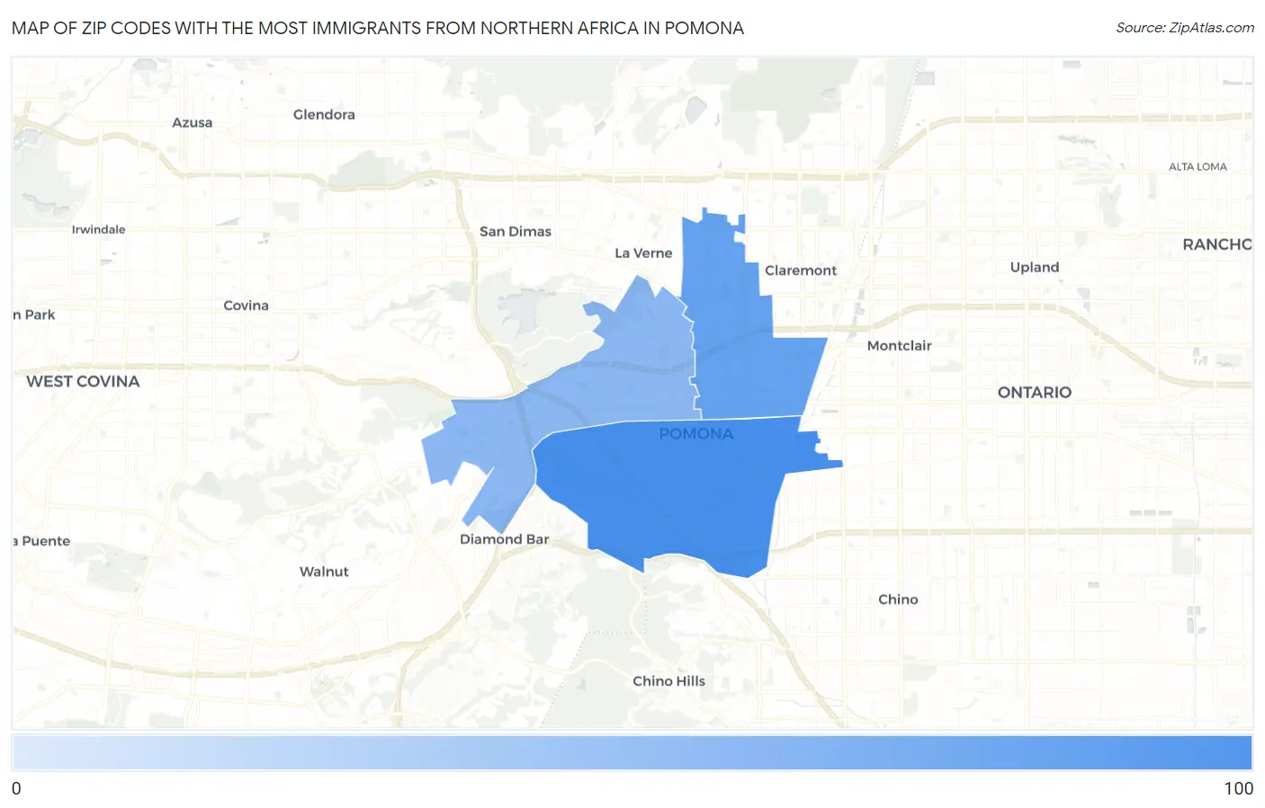 Zip Codes with the Most Immigrants from Northern Africa in Pomona Map