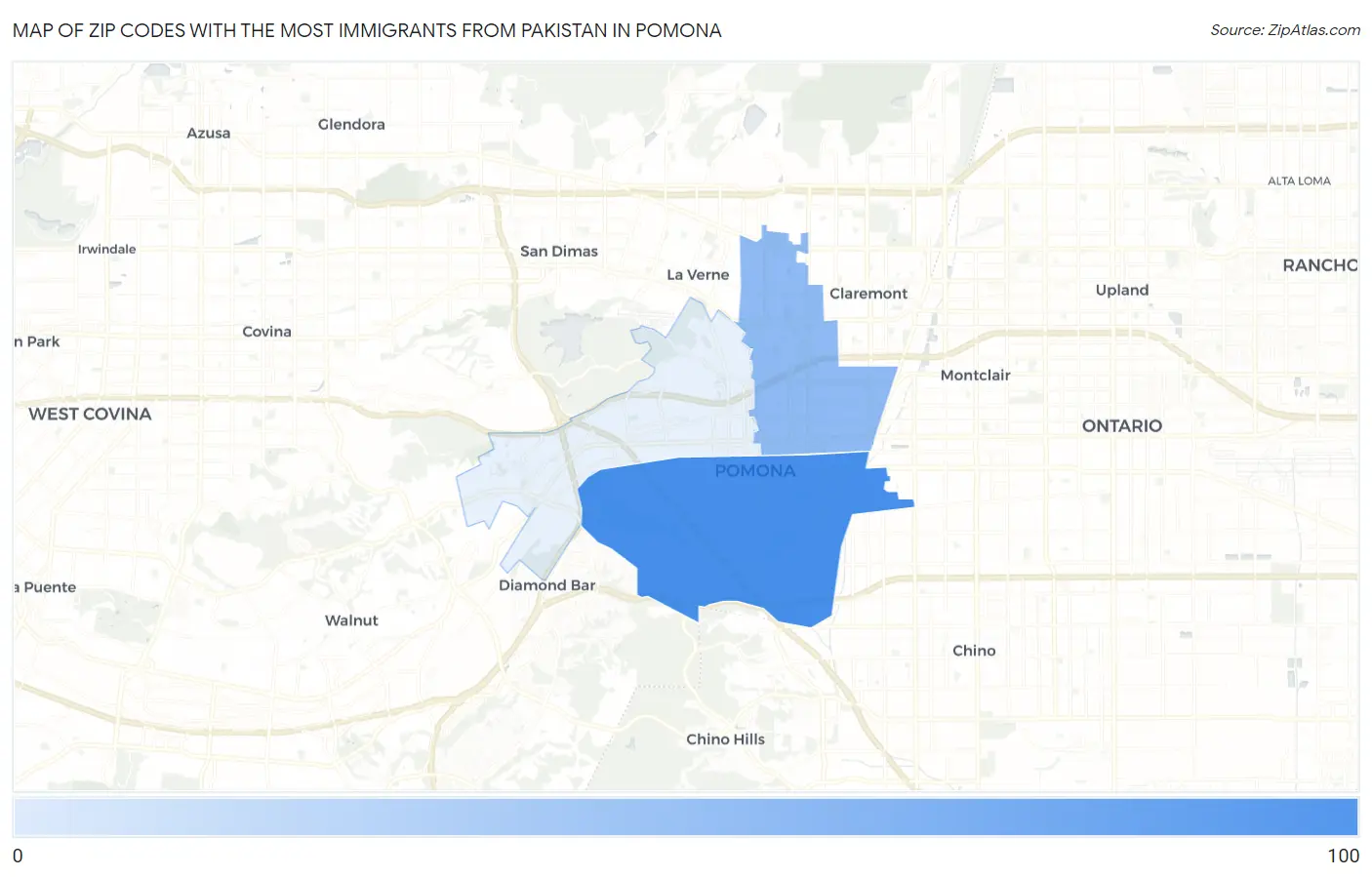 Zip Codes with the Most Immigrants from Pakistan in Pomona Map