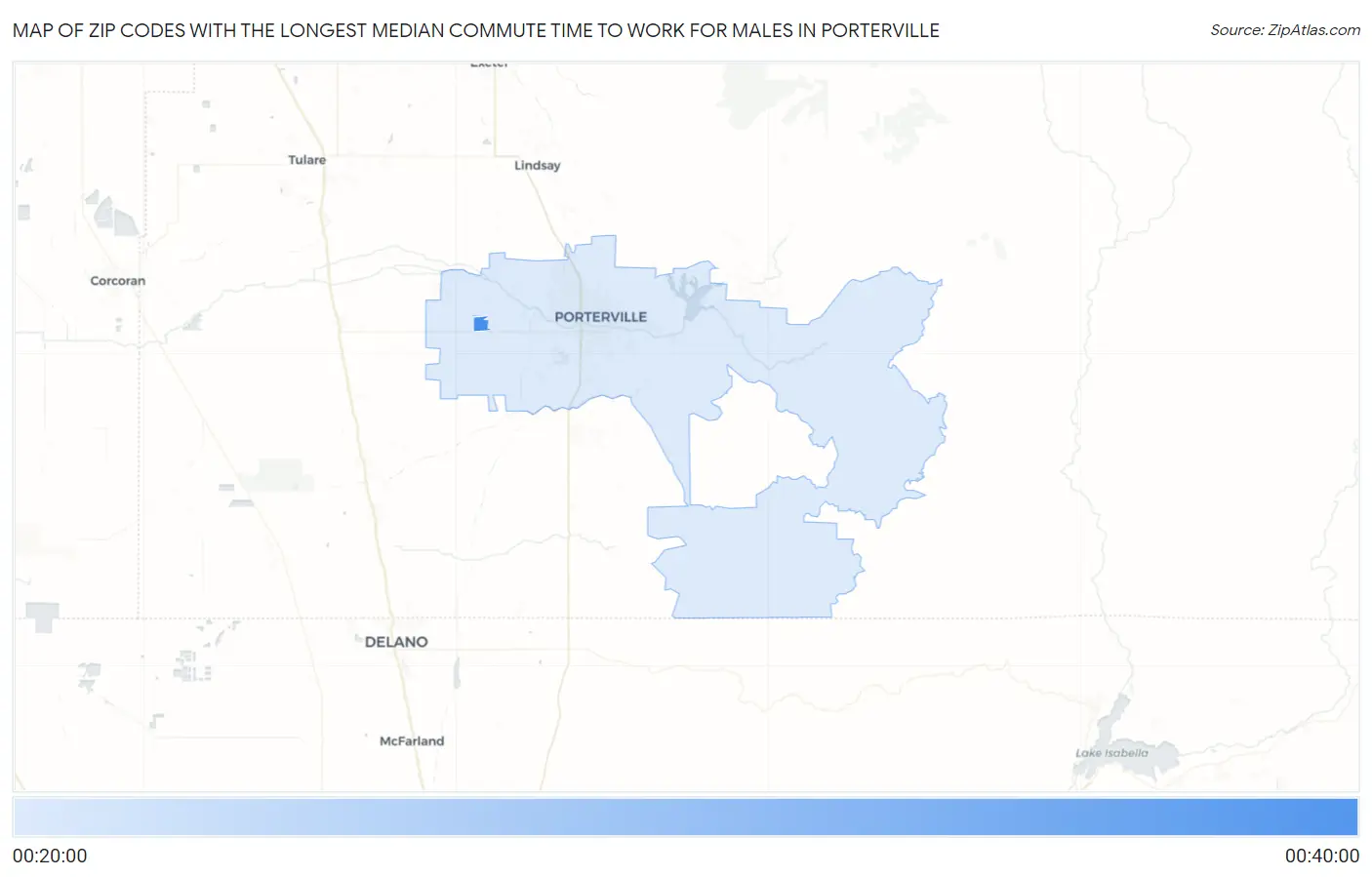 Zip Codes with the Longest Median Commute Time to Work for Males in Porterville Map