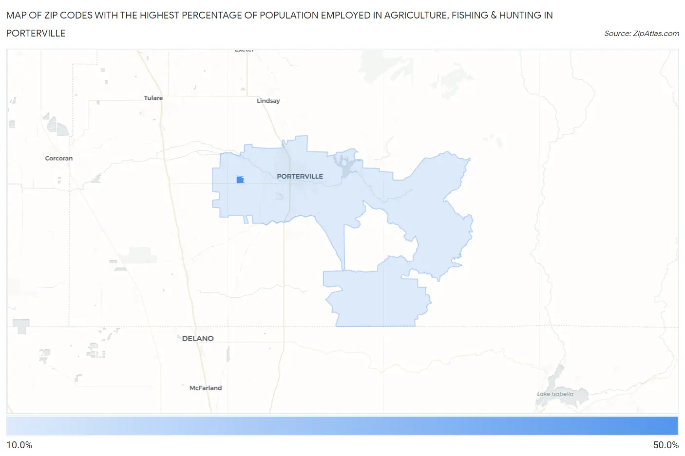 Zip Codes with the Highest Percentage of Population Employed in Agriculture, Fishing & Hunting in Porterville Map