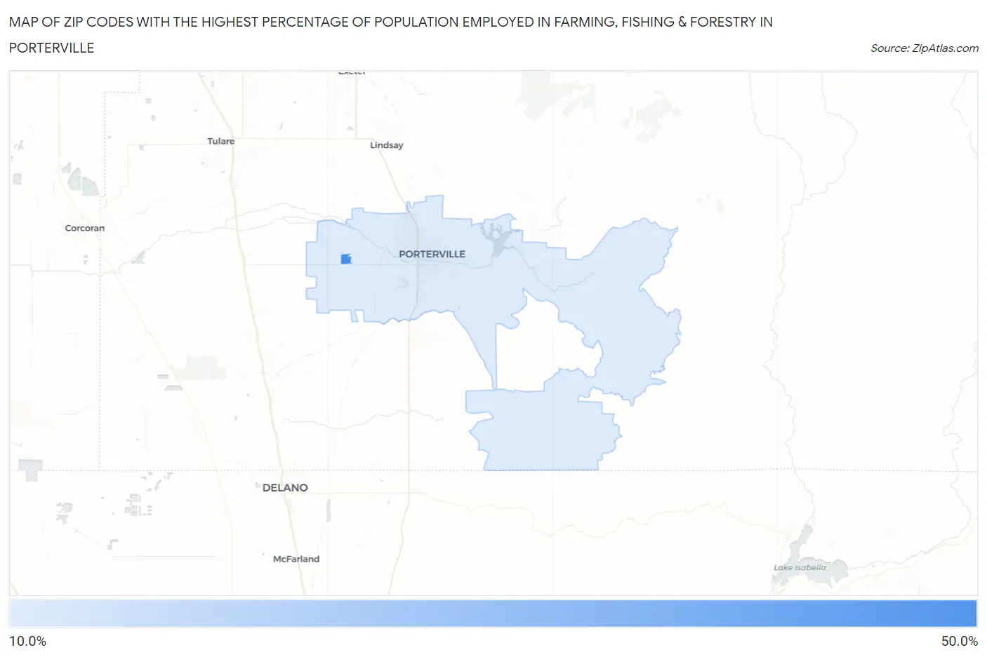 Zip Codes with the Highest Percentage of Population Employed in Farming, Fishing & Forestry in Porterville Map