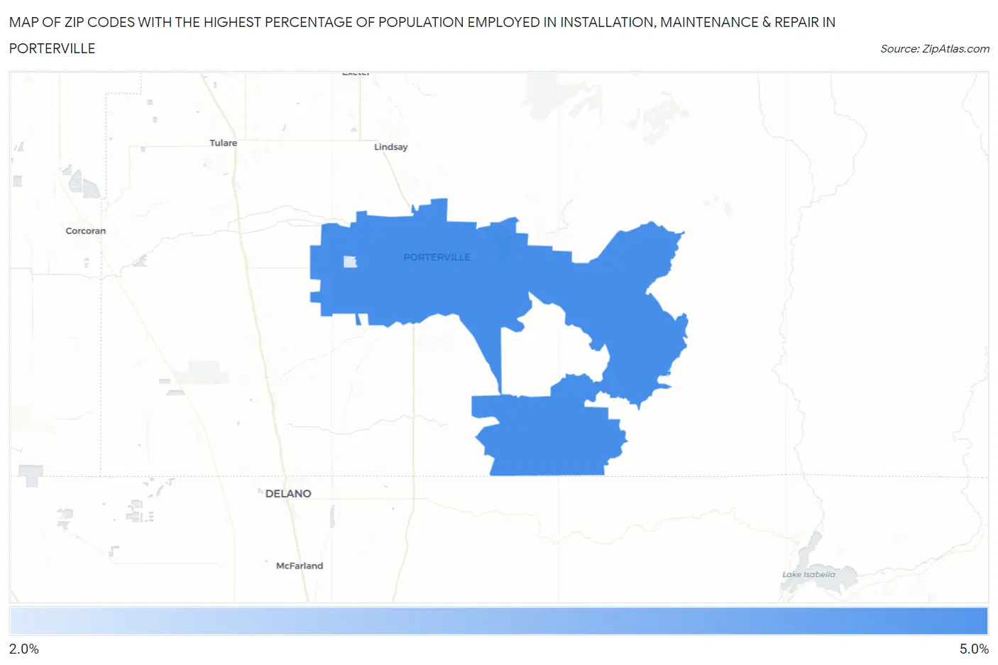 Zip Codes with the Highest Percentage of Population Employed in Installation, Maintenance & Repair in Porterville Map