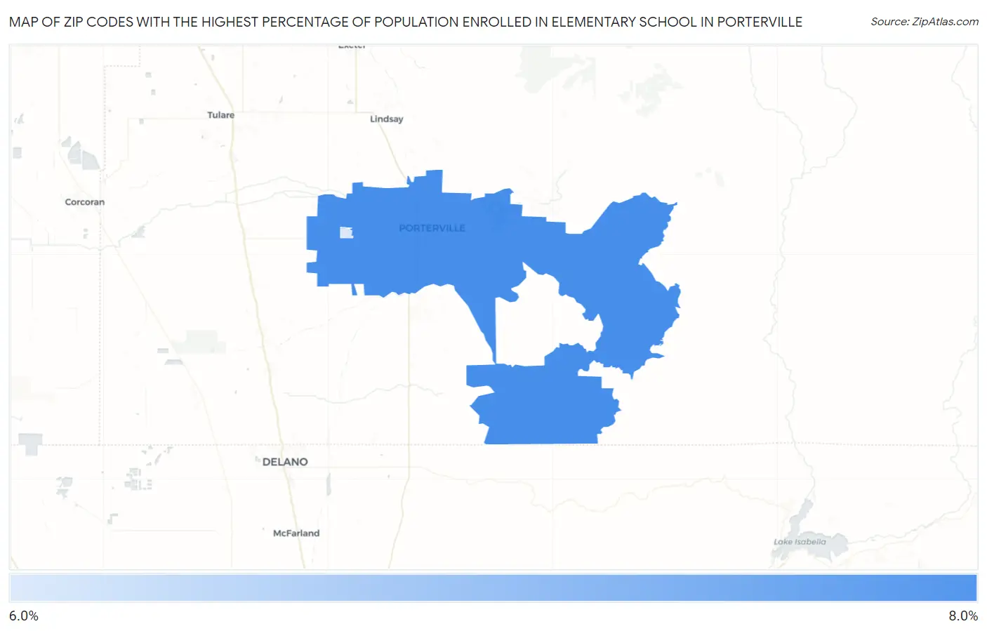 Zip Codes with the Highest Percentage of Population Enrolled in Elementary School in Porterville Map