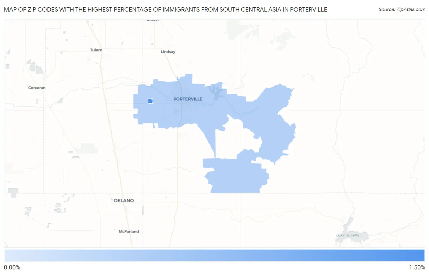 Zip Codes with the Highest Percentage of Immigrants from South Central Asia in Porterville Map