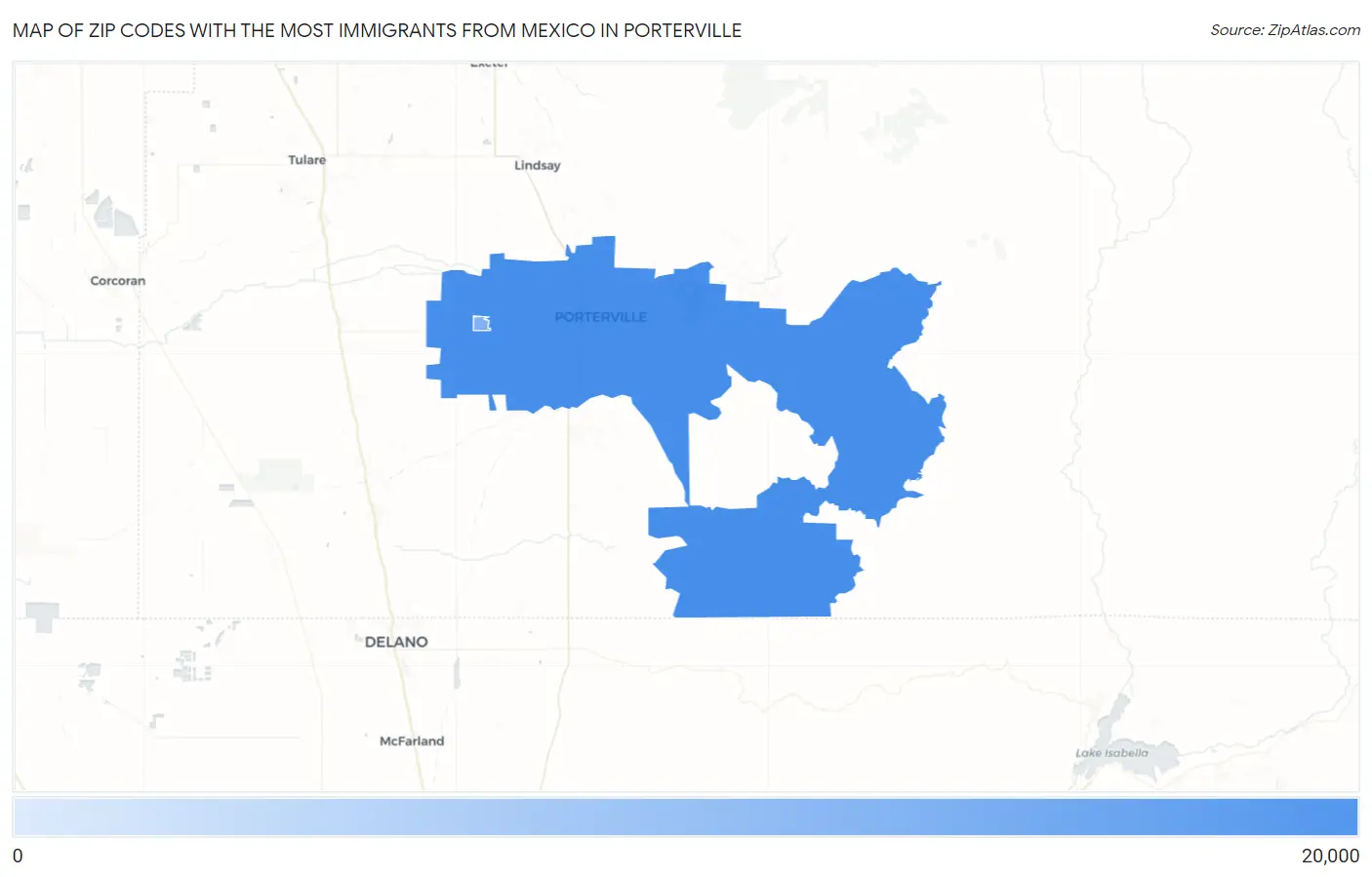 Zip Codes with the Most Immigrants from Mexico in Porterville Map
