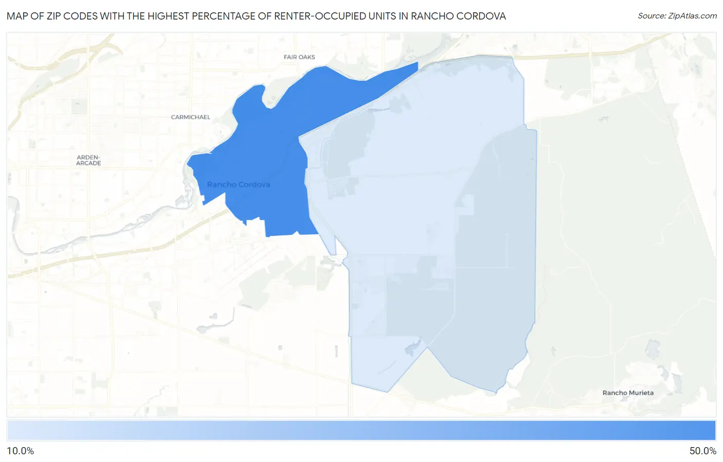 Zip Codes with the Highest Percentage of Renter-Occupied Units in Rancho Cordova Map