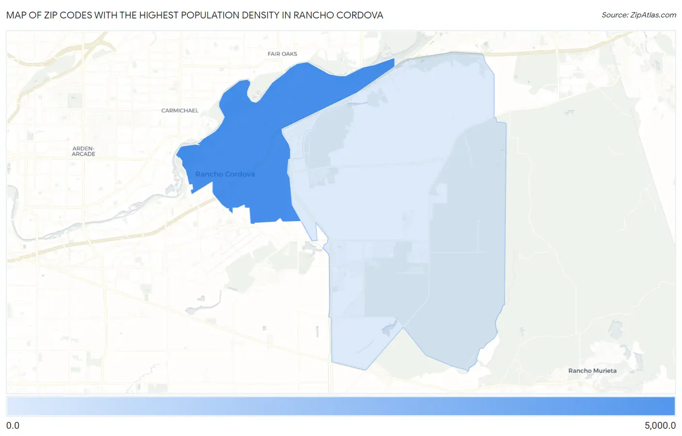 Zip Codes with the Highest Population Density in Rancho Cordova Map