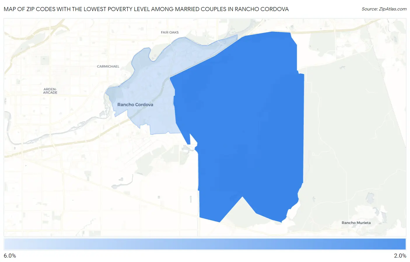 Zip Codes with the Lowest Poverty Level Among Married Couples in Rancho Cordova Map