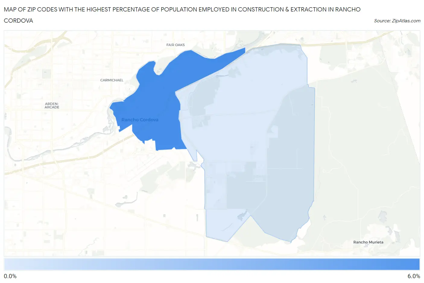 Zip Codes with the Highest Percentage of Population Employed in Construction & Extraction in Rancho Cordova Map