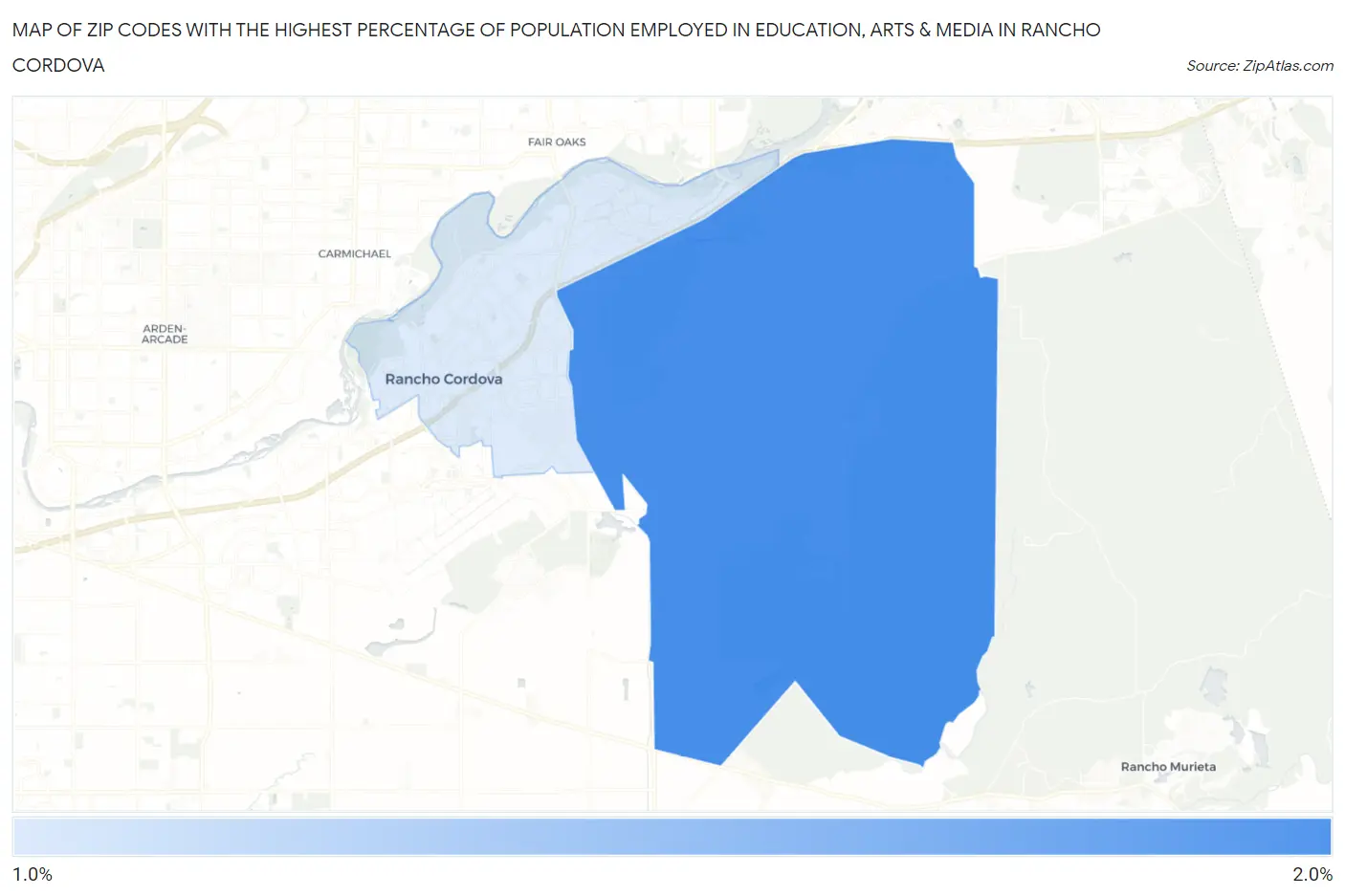 Zip Codes with the Highest Percentage of Population Employed in Education, Arts & Media in Rancho Cordova Map