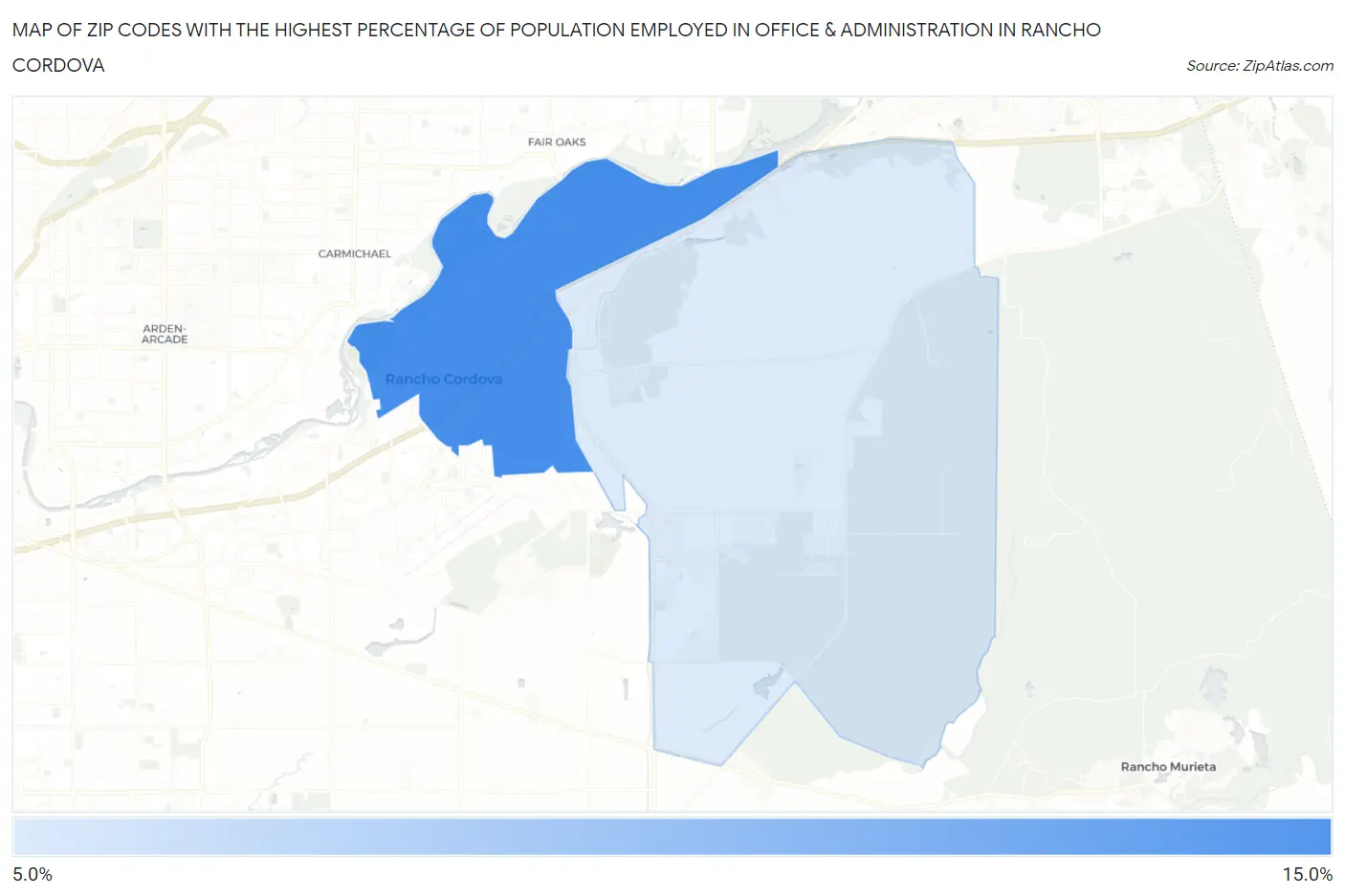 Zip Codes with the Highest Percentage of Population Employed in Office & Administration in Rancho Cordova Map