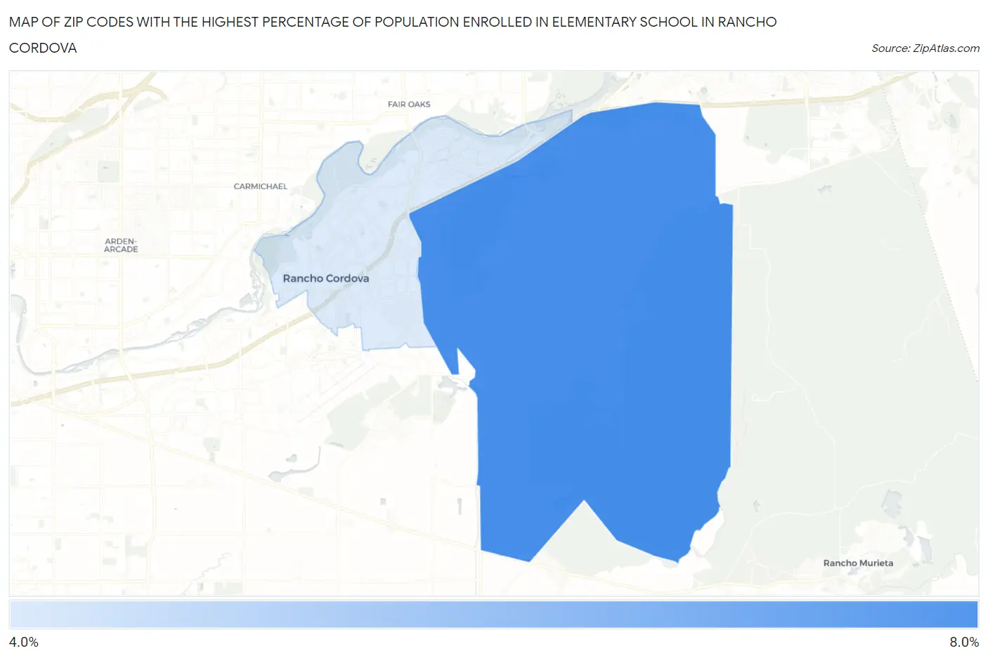Zip Codes with the Highest Percentage of Population Enrolled in Elementary School in Rancho Cordova Map