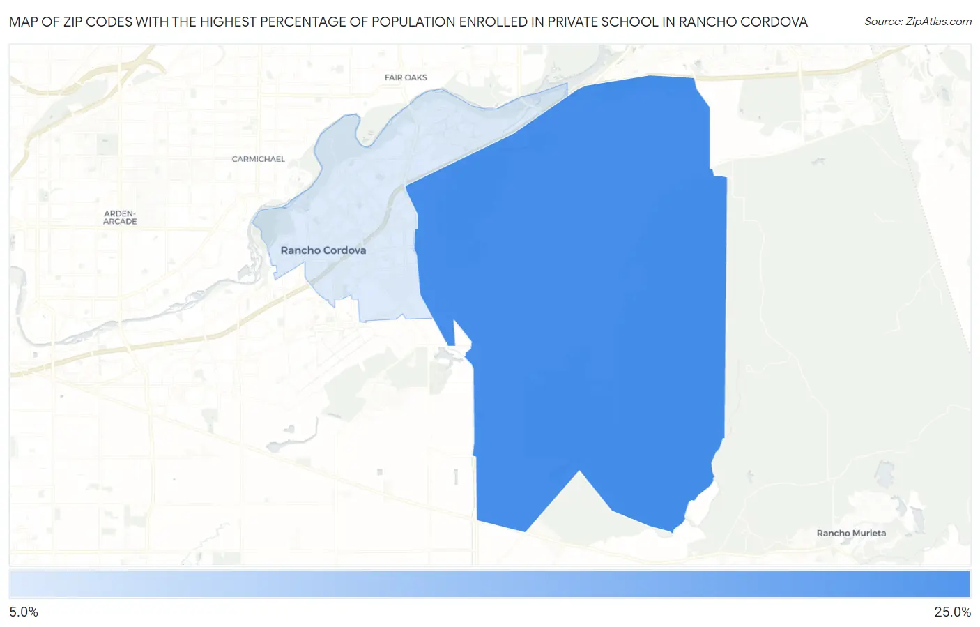 Zip Codes with the Highest Percentage of Population Enrolled in Private School in Rancho Cordova Map