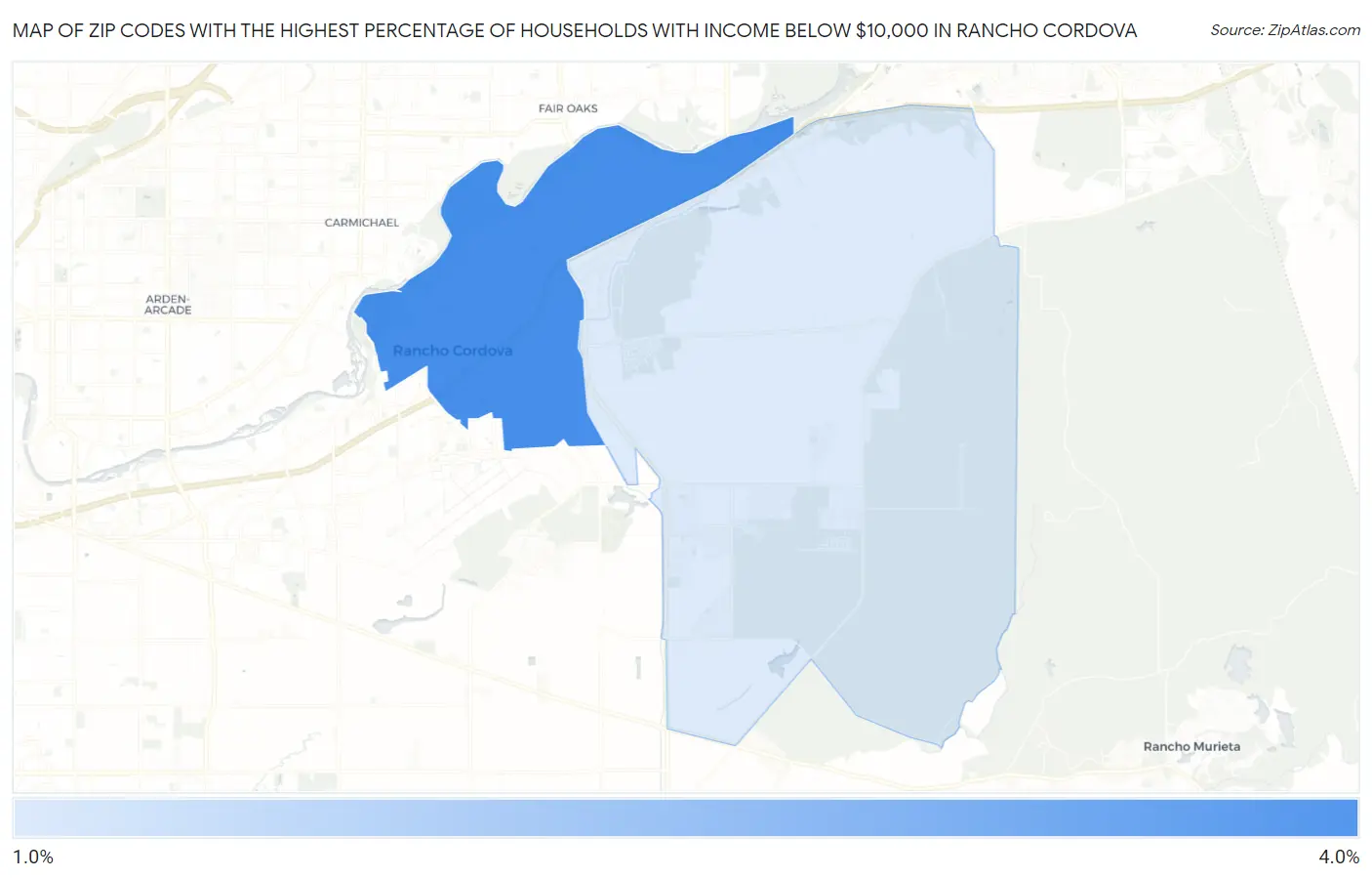 Zip Codes with the Highest Percentage of Households with Income Below $10,000 in Rancho Cordova Map