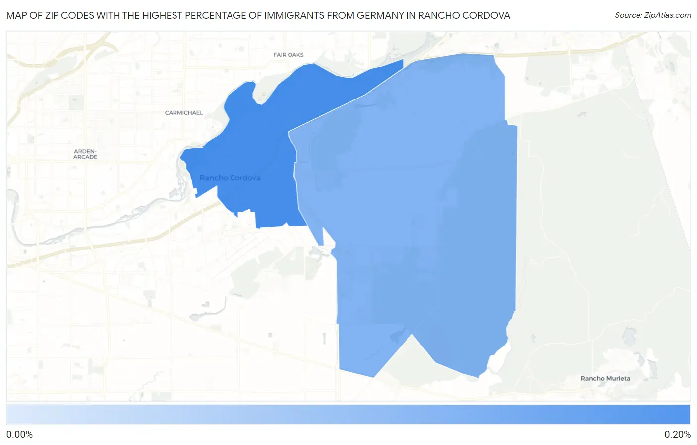 Zip Codes with the Highest Percentage of Immigrants from Germany in Rancho Cordova Map