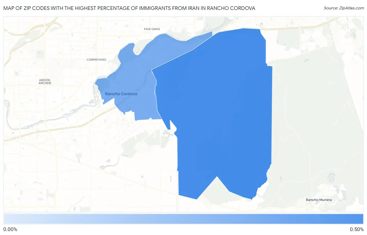Zip Codes with the Highest Percentage of Immigrants from Iran in Rancho Cordova Map